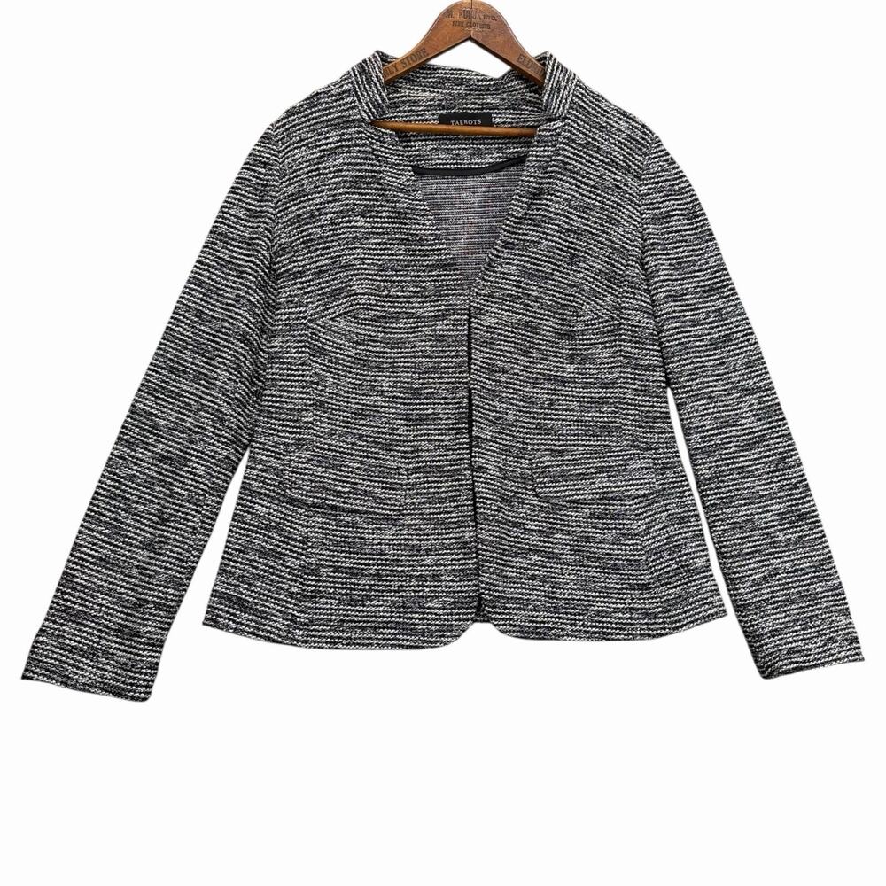 Talbots Tweed Knit Blazer Jacket Pockets Womens Sz 10 Black White Unlined